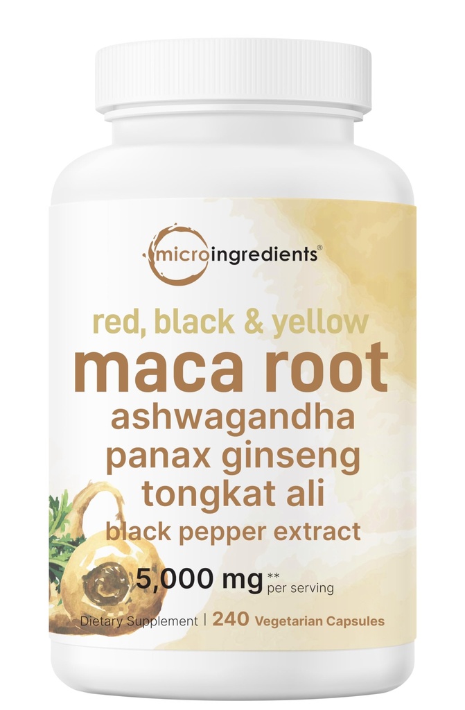 Maca Root Capsules for Women & Men 5,000mg | 240 Veggie Capsules with Ashwagandha, Red, Black, Yellow Maca Root, Panax Ginseng, Tongkat Ali & Black Pepper