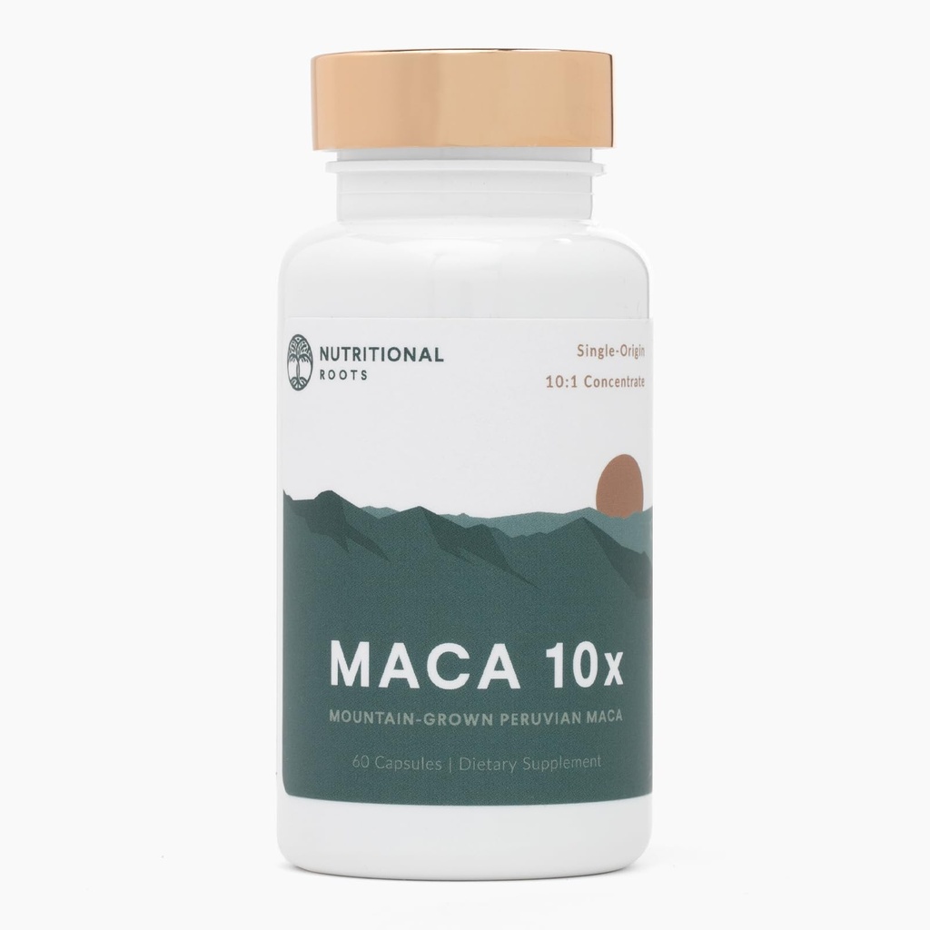 Nutritional Roots Maca Root Capsules: Peruvian Maca 10x, Made with Organic Maca Powder (Lepidum meyennii), 10:1 Concentration, Single-Origin, Vegan, Gelatinized Maca Supplement, 60 ct.