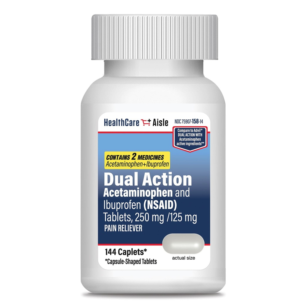 HealthCareAisle Dual Action Acetaminophen and Ibuprofen (NSAID) Tablets, 250 mg /125 mg Pain Reliever - 144ct Caplets