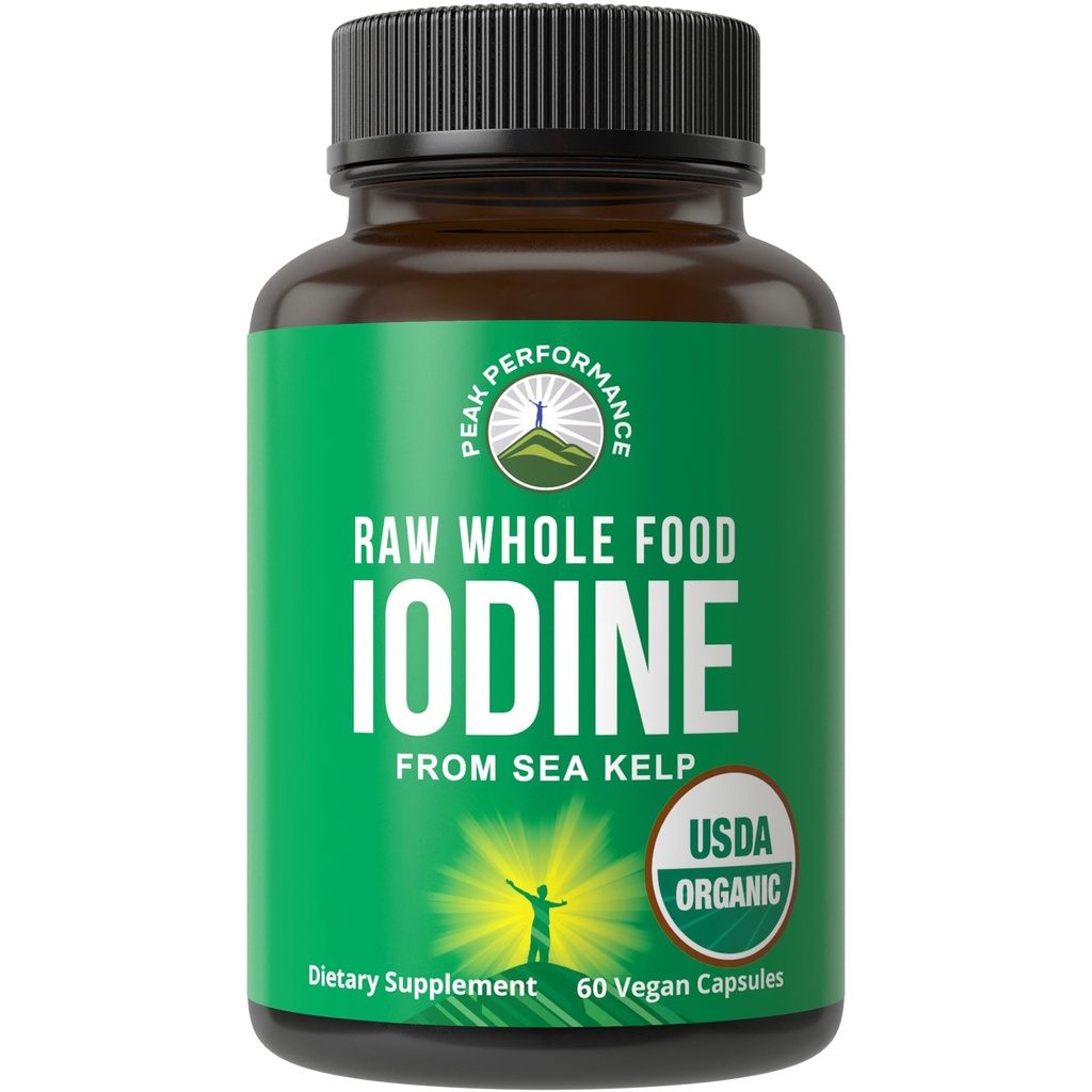USDA Organic Raw Whole Food Iodine Supplement from Kelp (Ascophyllum Nodosum) - Potassium Iodide Tablets Alternative - for Thyroid, Energy, and Immune Support - 60 Vegan Capsules by Peak Performance