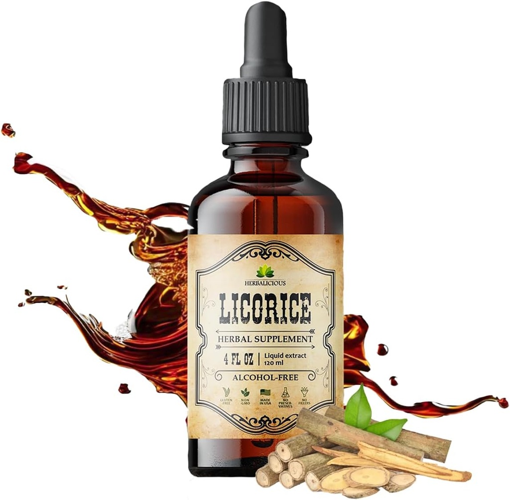 Extracto de raíz de regaliz herbácico (Glycyrrhiza glabra) – Extracto de hierbas líquidas orgánicas, 4 oz – Vegano, No GMO, Libre de gluten