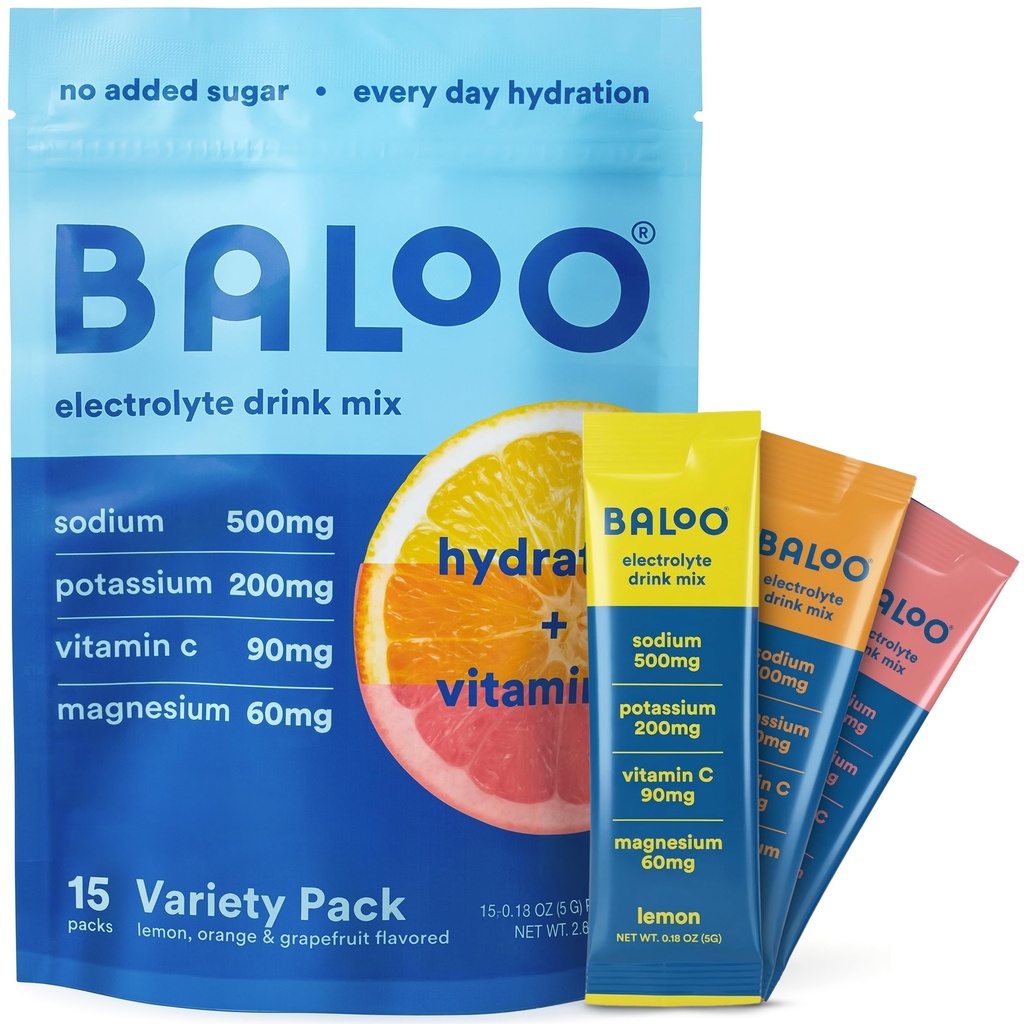 Baloo Clean Electrolytes Powder Packets - No Added Sugar - Hydration Packets with Real Fruit & Unrefined Sea Salt - Magnesium, Potassium & VIT C for Daily Clean Hydration - Variety Pack - 15ct