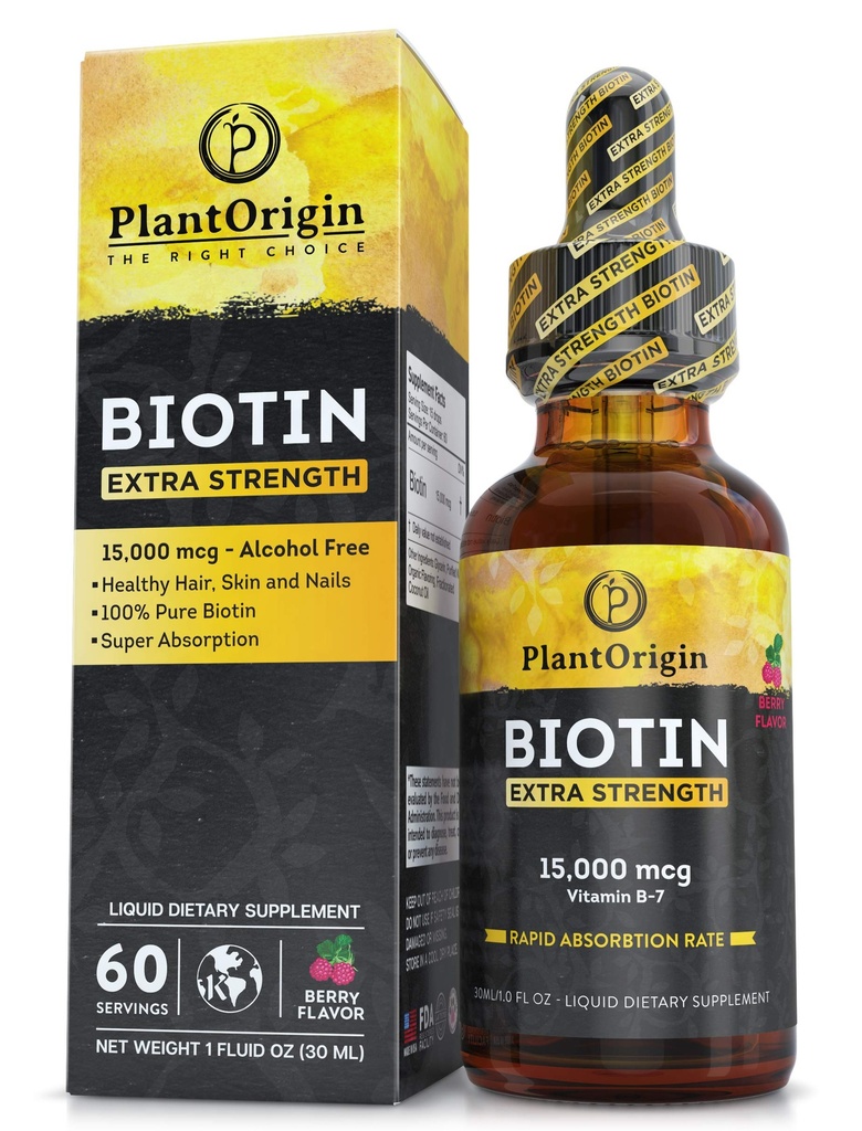 Extra Strength Biotin Liquid - Hair Growth Drops 15,000 MCG, Biotin Supplement for Men & Women – Glowing Skin Support, Healthy Hair & Nail Growth, Vegan & Kosher - 60 Servings