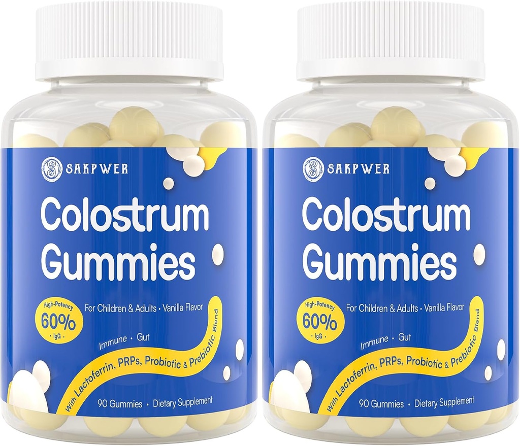 Bovine Colostrum Suplemento Gummies - con 60% IgG más alto, Lactoferrina, Probióticos y Prebióticos para Adultos y Niños, Vanilla Flavor & Sugar Gratis, 2 Pack