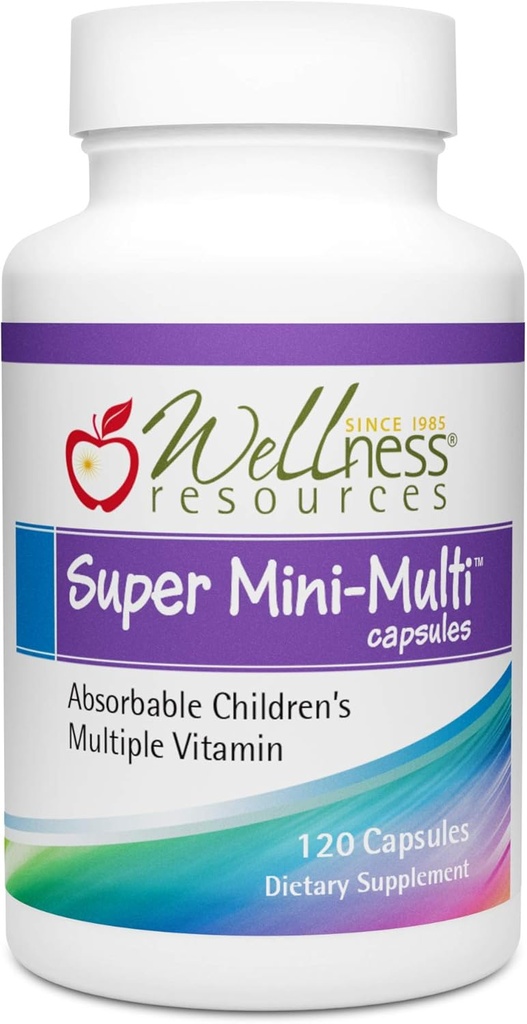 Super Mini-Multi - Las cápsulas multivitamínicas para niños con folato de metil, metil B12 y vitaminas de coenzima B para el crecimiento, el foco, salud cerebral (120 cápsulas)
