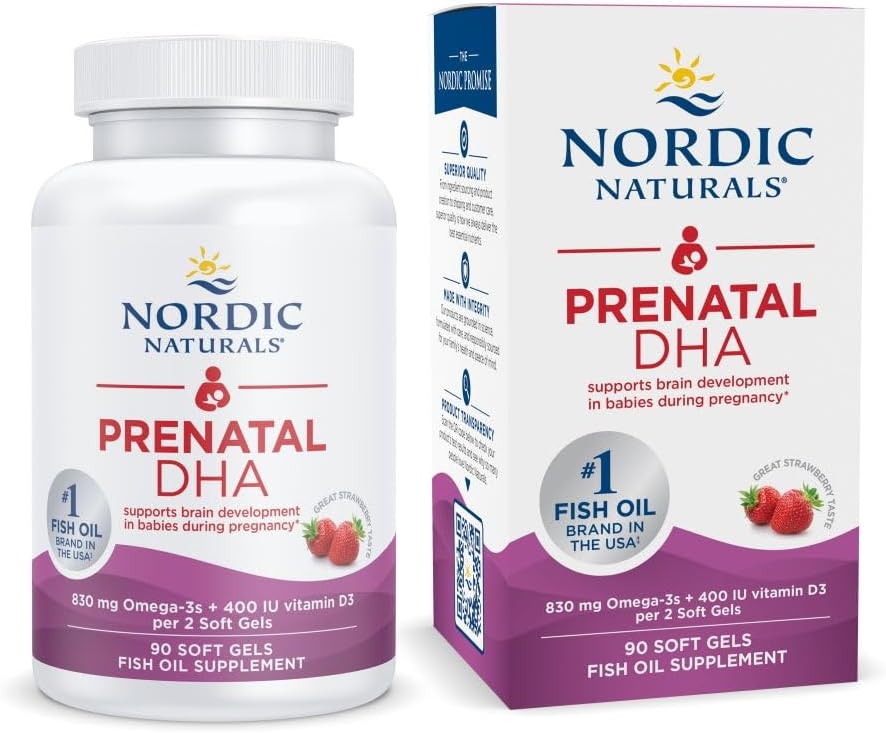 Naturales nórdicos DHA prenatal, Fresa - 90 Gels blandos - 830 mg Omega-3 + 400 UI Vitamina D3 - No GMO - 45 Actuaciones