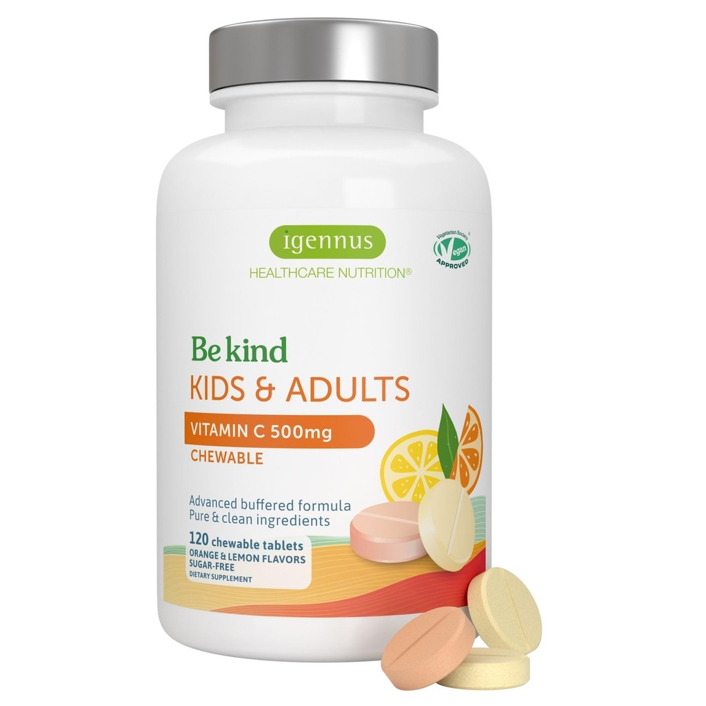 Igennus Gentle Buffered Vitamin C Chewable 500mg, for Kids & Adults, Optimized Absorption with Dual Forms Sodium Ascorbate & Ascorbic Acid, Sugar Free Natural Orange & Lemon Flavors, 120–240 Servings