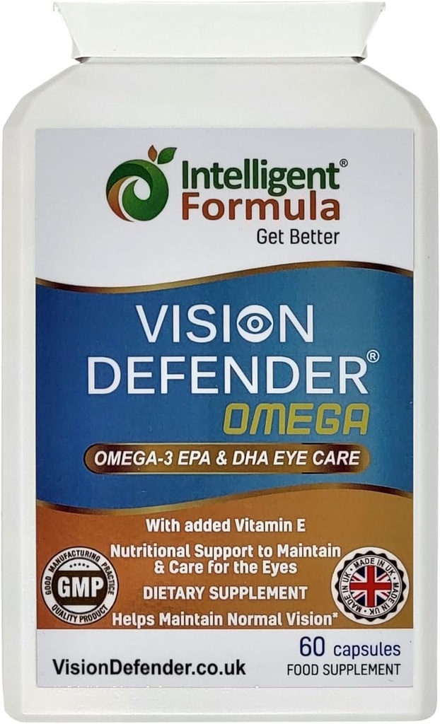 VISION DEFENDER OMEGA Suplemento Ojo: Cuidado y Alivio para los Ojos Secos, Mejorar la Salud Ojo- Alto Fuerza 1000mg Puro aceite de pescado Omega-3 (400mg EPA, 200mg DHA por cápsula)+Vitamin E (60 Softgels) Made in UK