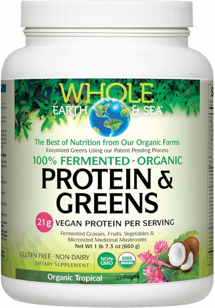 Toda la Tierra &amp; Mar de Factores Naturales, Proteína orgánica fermentada " Verdes, Suplemento alimenticio completo vegano, Tropical, 1lb 7.3 Oz