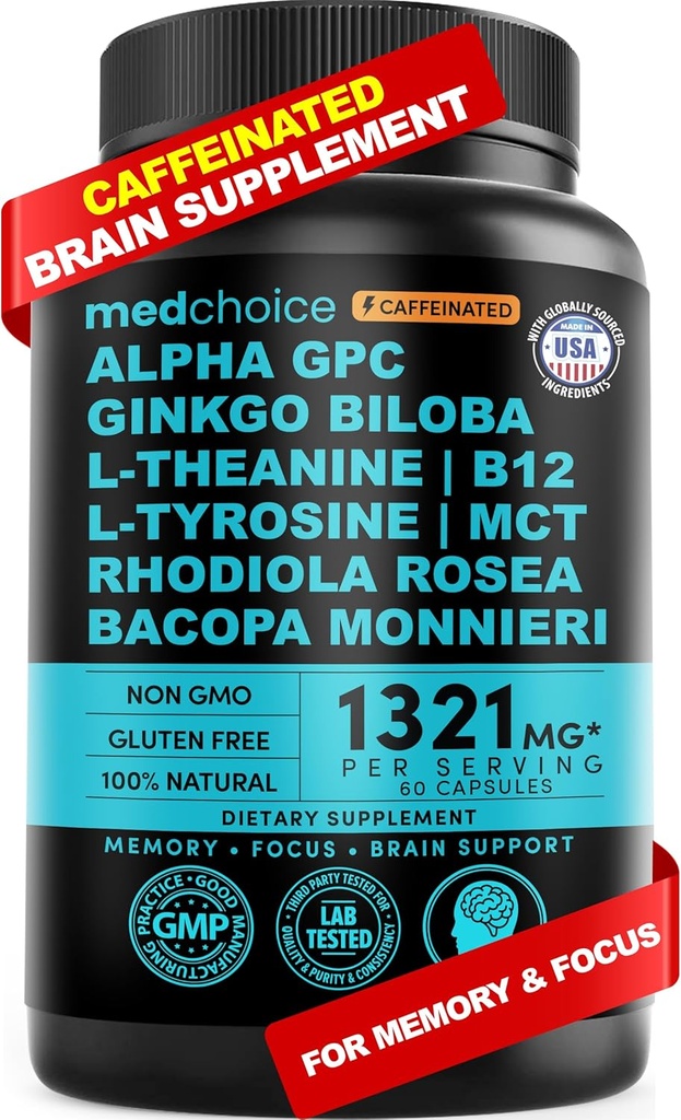 12-en-1 Suplemento Nootropic Brain con Anhydrous Caffeine: Ginkgo Biloba para soporte cerebral, memoria y foco - B12, Alpha GPC, L Theanine y Choline Suplementos con Bioperina con 1321mg (60ct)