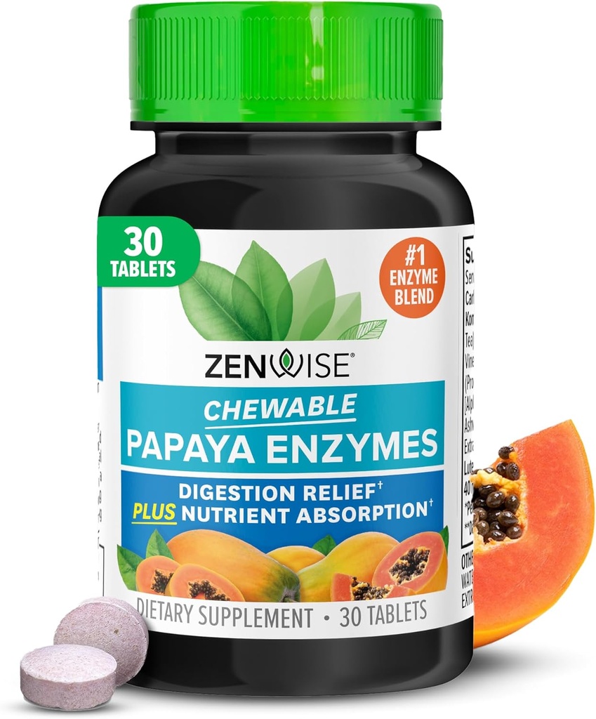 Zenwise Health Chewable Papaya Enzymes for Digestion & Gut Support - Chewable Digestive Enzyme Blend with Papain and Bromelain for Digestive Health & Bloating Relief - Women & Hombre - 30 Tablets