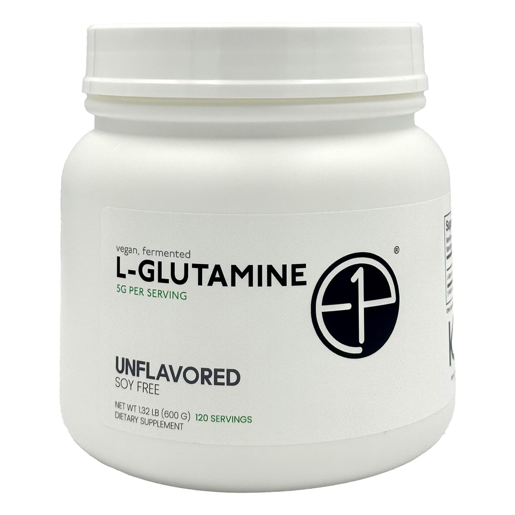 L-Glutamine 600grams (120 Servings) Unflavored, Non-GMO, Vegan Fermented, Third-Party Lab Tested. Made with Halal and Kosher Certified Ingredients.
