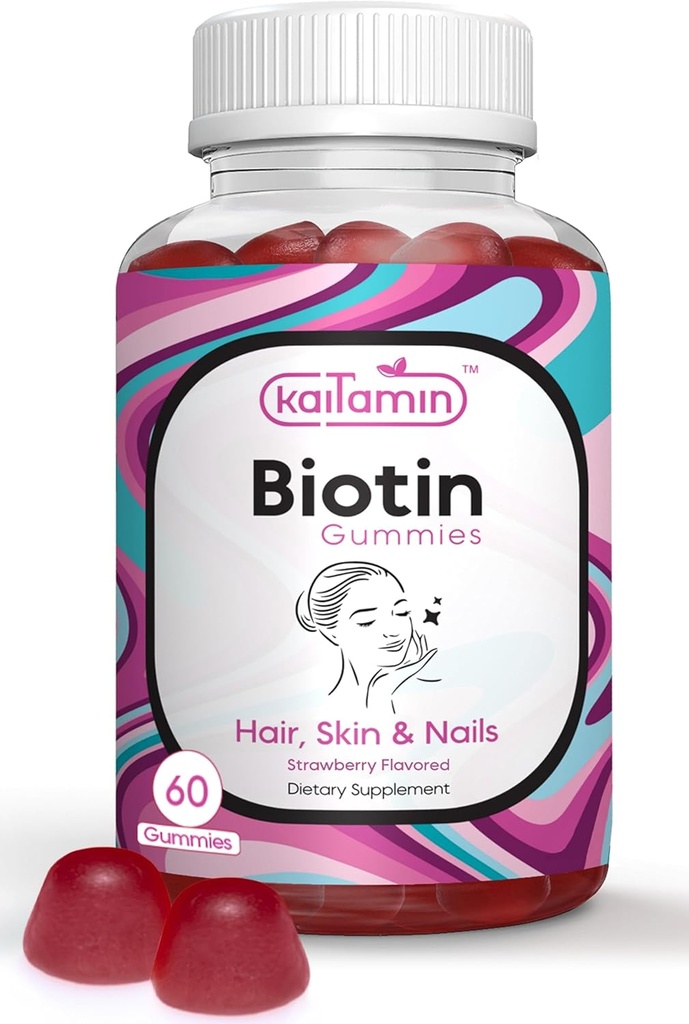 Biotina Vitamina B7 Gummies for Hair Skin & Nails - 5000 mcg por Serving - con aceite de arándano y coco, 60 Gummies Flavored de fresa - Todo Natural, Libre de gluten &amp; Vegetariano (Pack of 1)