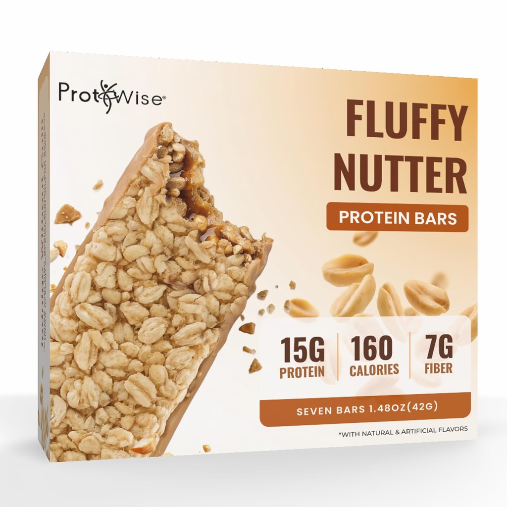 ProtiWise Fluffy Nutter Protein Bars | 15g Protein, 7g Fiber | Low Sugar, Low Carb | Gluten Free | Keto Friendly Hunger Control Meal Replacement Weight Loss Bar | 7 Count Box