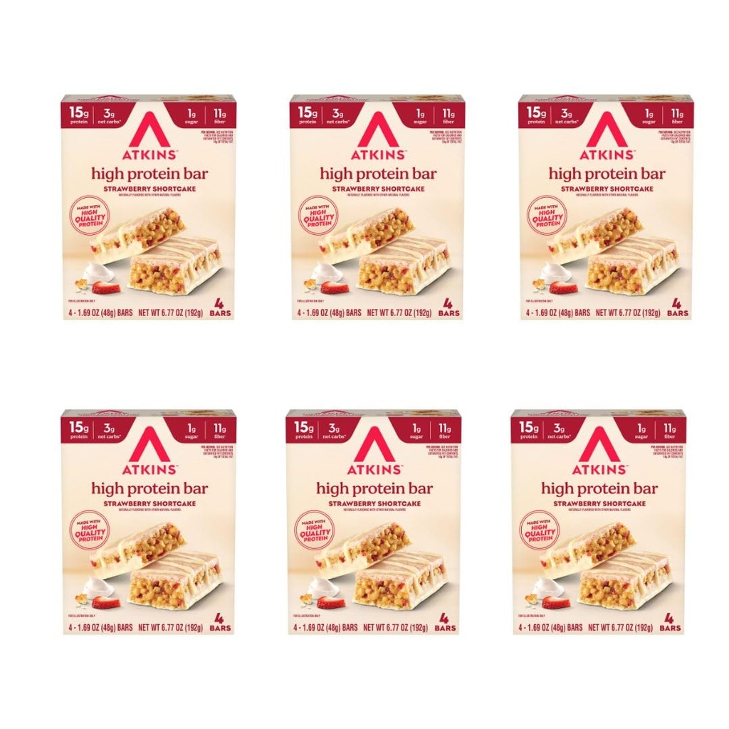 Atkins Strawberry Shortcake Flavor High Protein Bar, 15g Protein, 1g Sugar, 3g Net Carb, High Fiber Snacks, Keto Friendly Protein Bars, 4 Count (Pack of 6)