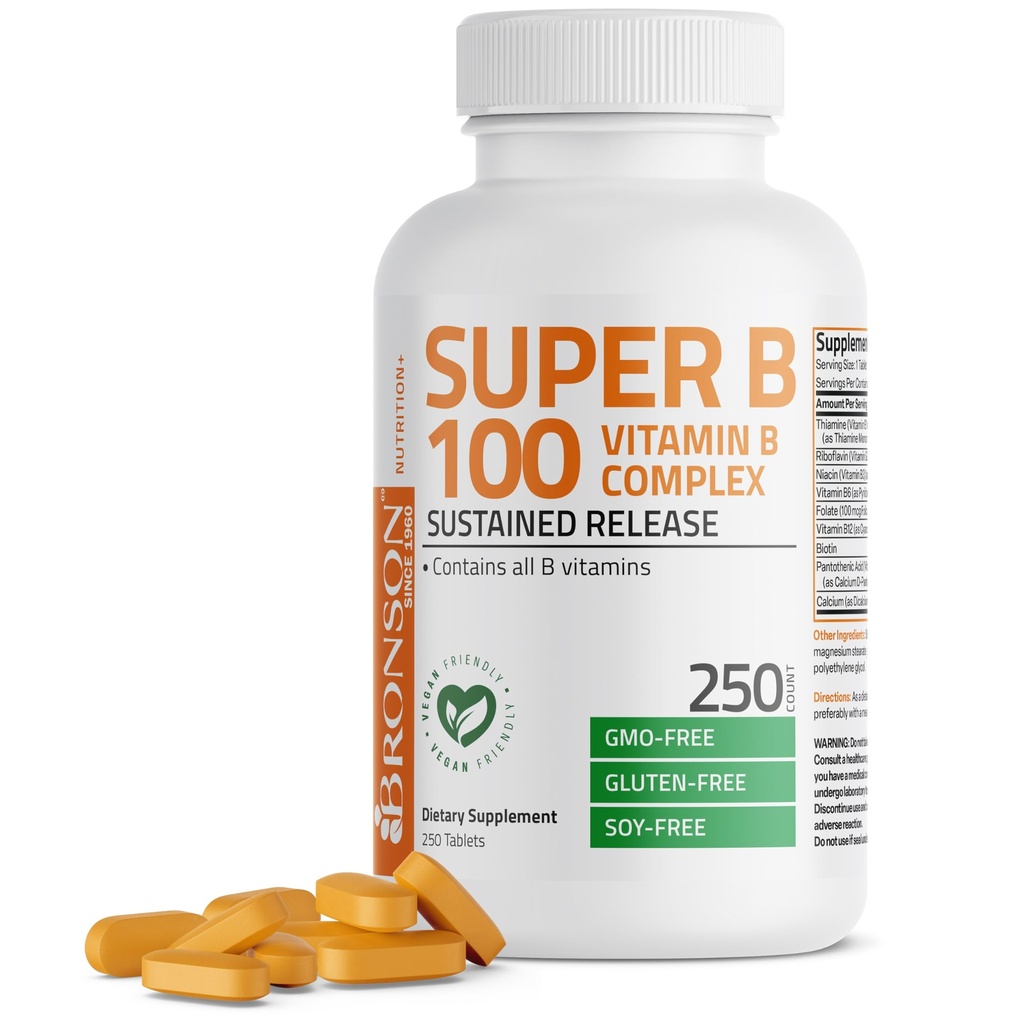 Bronson Super B 100 Vitamin B Complex Sustained Release Contains All B Vitamins (Vitamin B1, B2, B3, B6, B9 - Folic Acid, B12) Supports Energy Metabolism & Nervous System Health, Non-GMO, 250 Tablets
