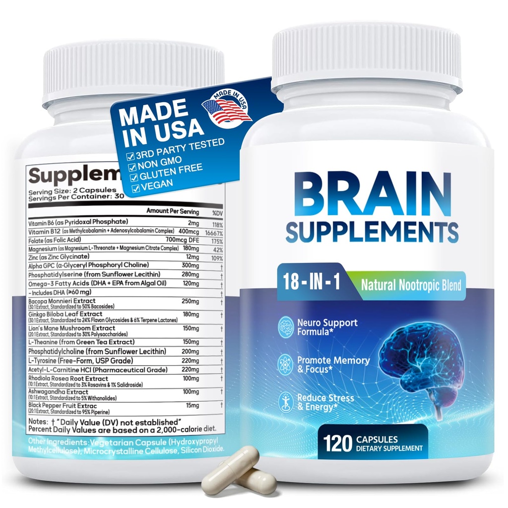 18-in-1 Brain Supplement for Memory and Focus – 120 Nootropic Capsules (2-Month Supply) with Alpha GPC, Bacopa, Ginkgo Biloba, Lion's Mane | Cognitive Health, Mental Clarity | Vegan, Non-GMO