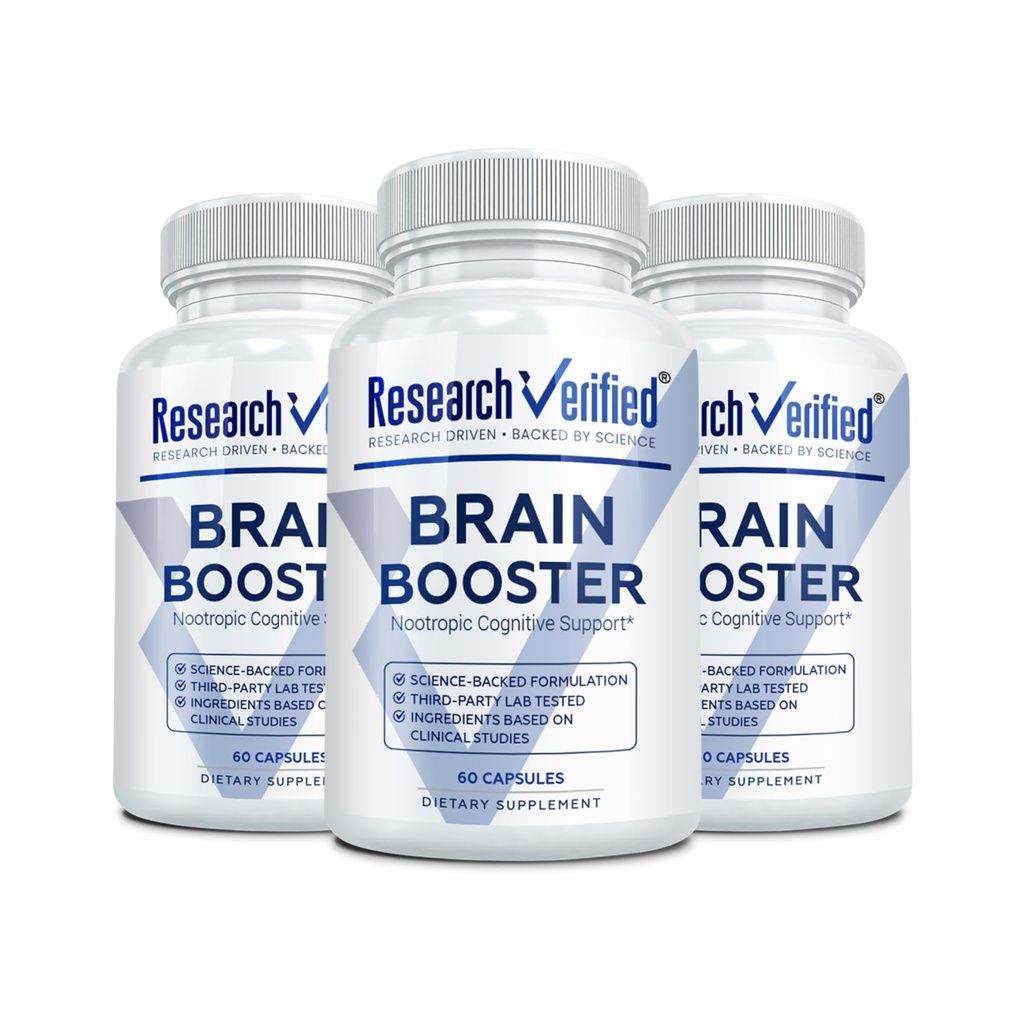 Research Verified Brain Booster - Brain Supplement for Memory and Focus, Nootropic Supplement for Cognitive Support - 180 Vegan Capsules - 3 Bottles