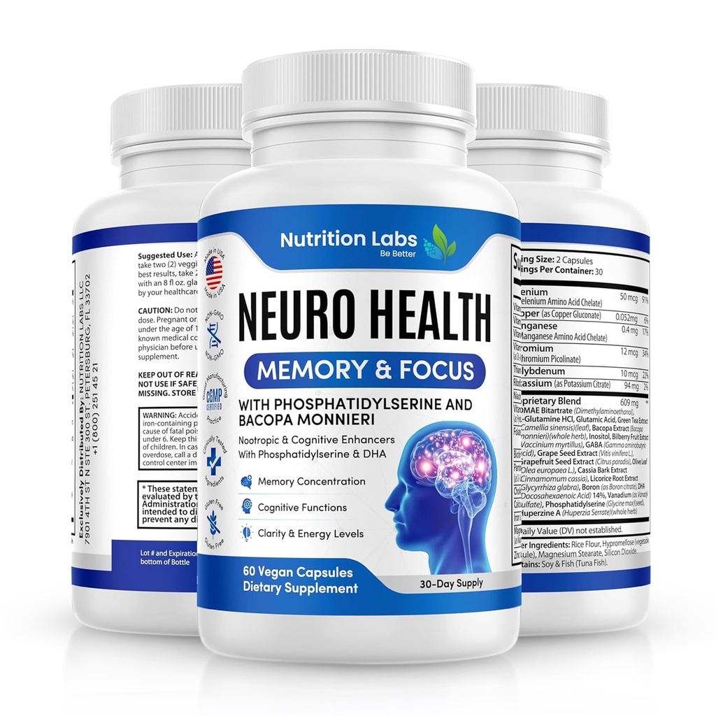Nootropic & Neuro Brain Supplement for Memory & Focus Support. Clinically Tested Vitamins for Mental Support & Cognitive Clarity W/Bacopa Monnieri, VIT A, B6, Riboflavin, Niacin, Thiamin & Folate