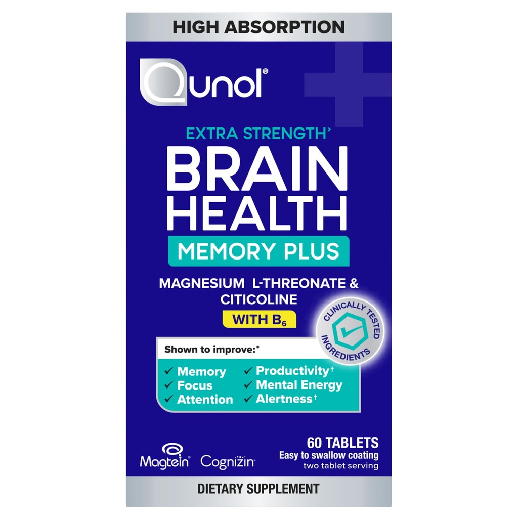 Qunol Brain Health Memory Plus with B6, Magnesium L-Threonate & Citicoline, Clinically Tested Ingredients to Improve Memory, Focus, Attention and Productivity, 60 Count (Pack of 1)