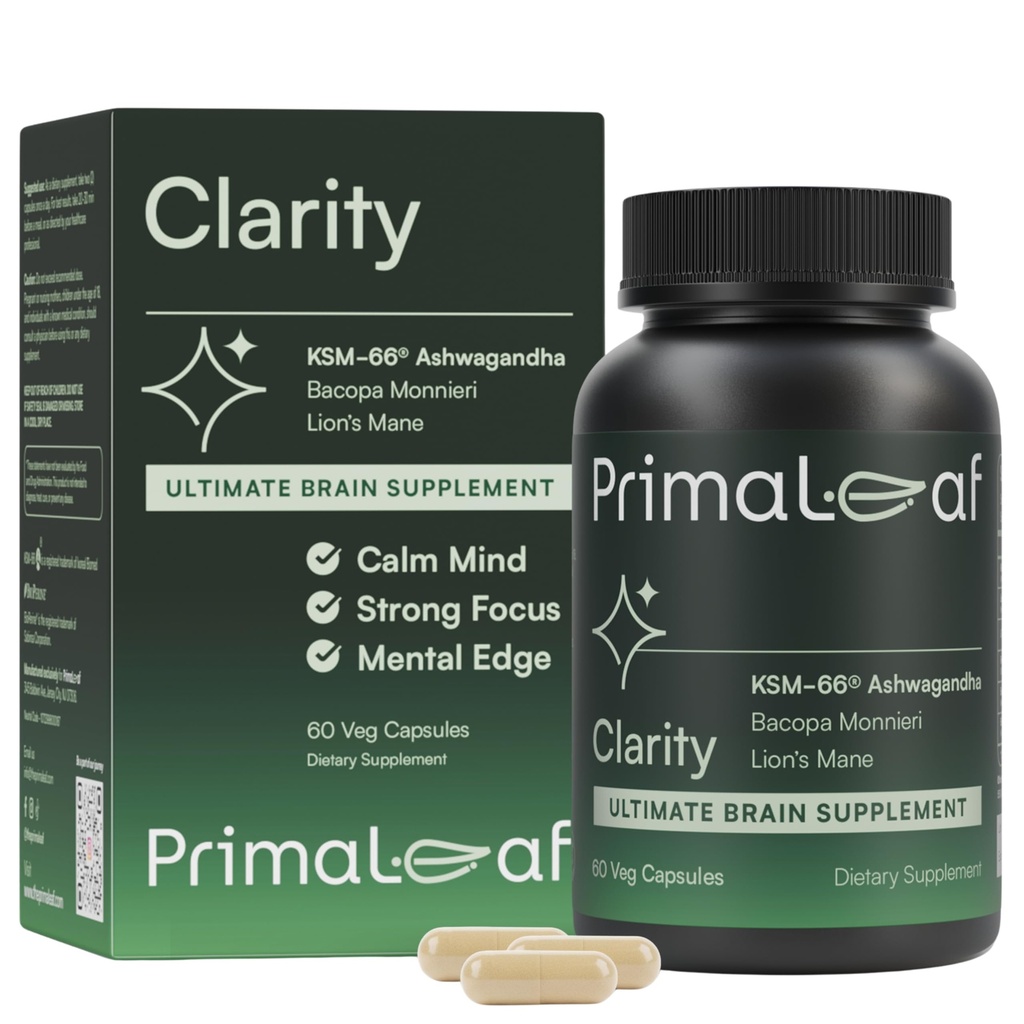 Clarity Nootropics Brain Supplement for Focus, Memory, & Stress Relief | Natural Nootropic with KSM66 Ashwagandha, Lions Mane, Bacopa, L Theanine | Cognitive & Mood Support | 60 Veg Capsules