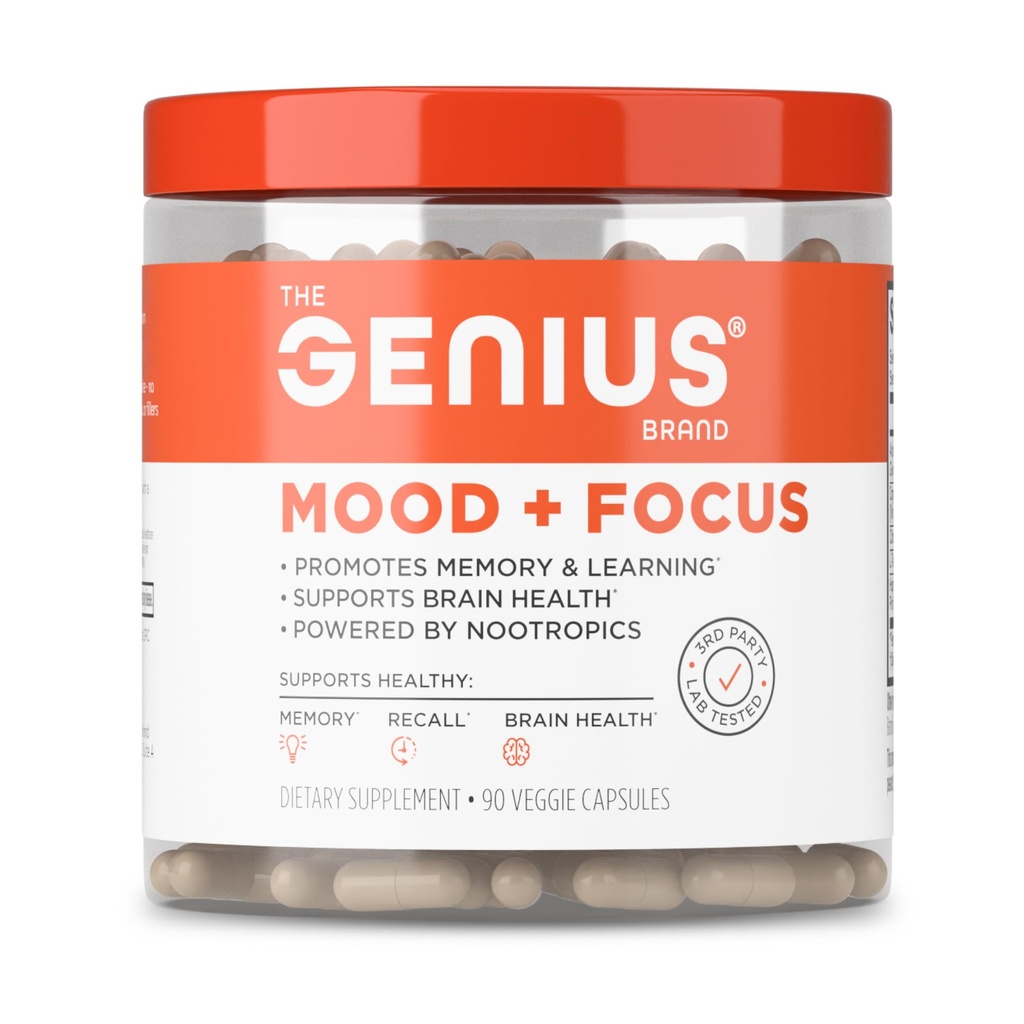The Genius Brand Genius Mood+Focus - Nootropic Supplement with Organic Lion’s Mane, Alpha GPC & More for Brain Health - Memory Support & Focus Support - Non-GMO - 90 Veggie Capsules