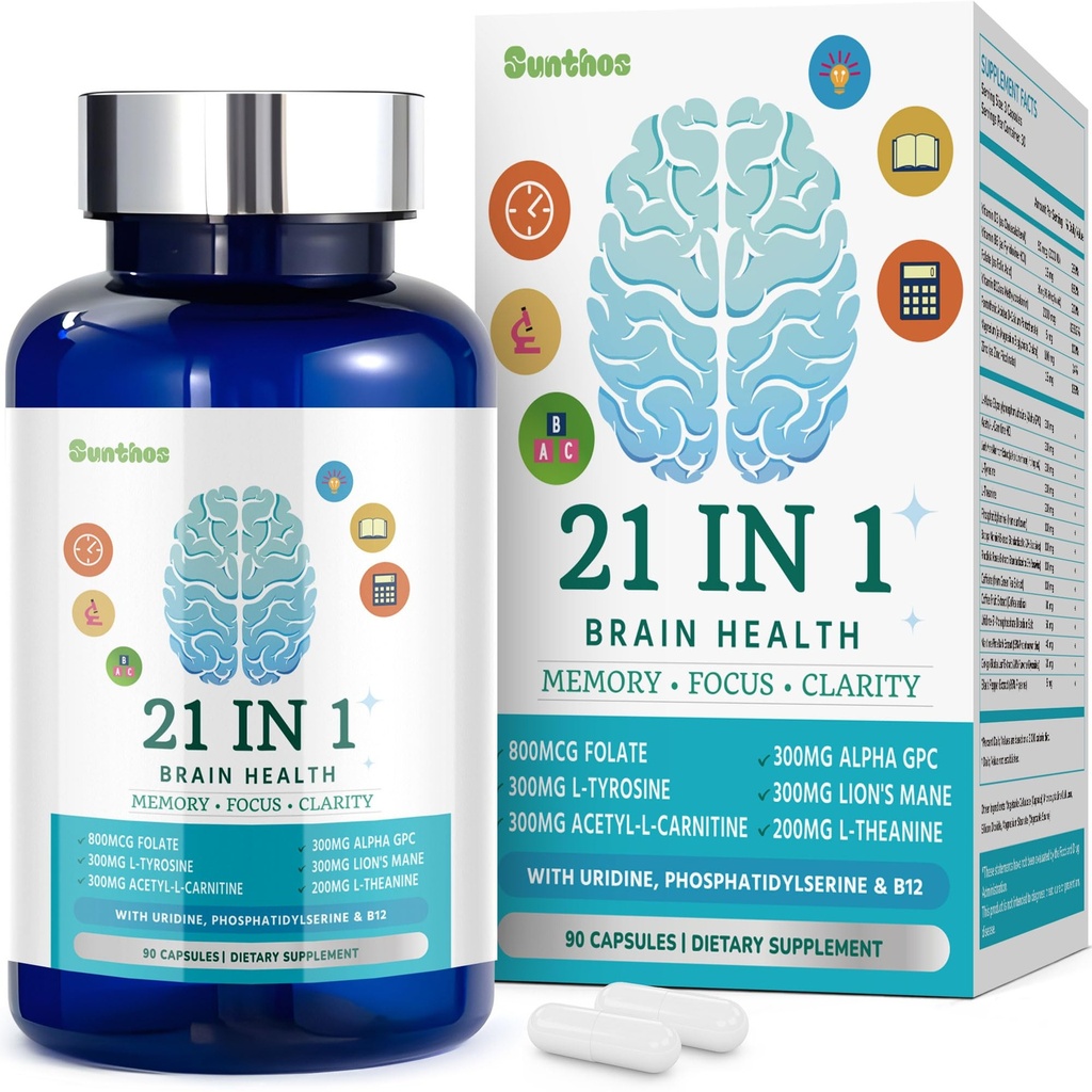 Brain Supplements for Memory and Focus, 21-in-1 Brain Supplement for Mental Alertness, Cognitive with 300mg Alpha-GPC, 300mg Lion’s Mane, L-Theanine, Phosphatidylserine, Vitamins B6 B12, 90 Capsules