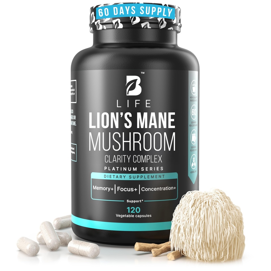 Lion’s Mane Mushroom Capsules – Memory, Focus & Clarity – Nootropic Brain Supplement with Ashwagandha, Thiamin (B1), Magnesium L-Threonate – Cognitive and Brain Support for Mental Energy, 120 Caps