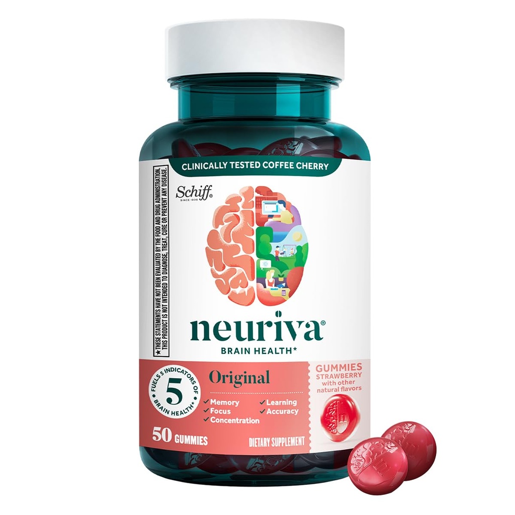 NEURIVA Original Brain Supplement for Memory, Focus & Concentration + Learning & Accuracy with Clinically Tested Nootropics Phosphatidylserine and Neurofactor, Strawberry Flavor, 50 Gummies
