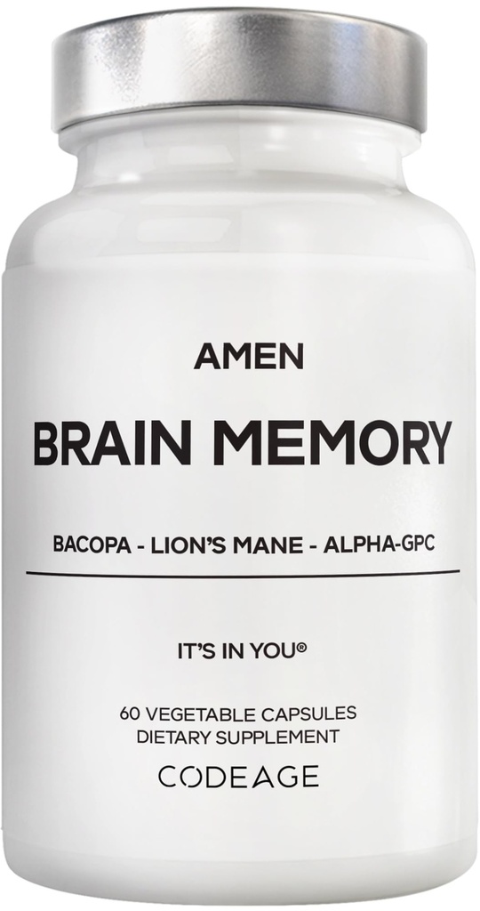 Amen Brain Memory Supplement- Bacopa, Lion’s Mane, Alpha-GPC, Citicoline, Phosphatidylserine, Rhodiola, Ginkgo, BioPerine, Huperzine A - NSF Certified Cognition & Mind Vitamins, Non-GMO - 60 Capsules