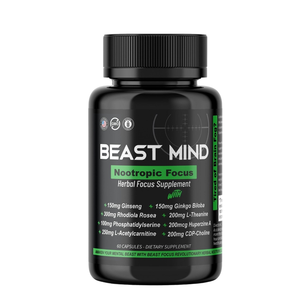 Beast Mind Focus Clarity Nootropic Blend | Ginkgo Biloba | Huperzine A | Rhodiola | Citicoline | L-Theanine | Enhanced Focus & Clarity & Cognitive Function Labs