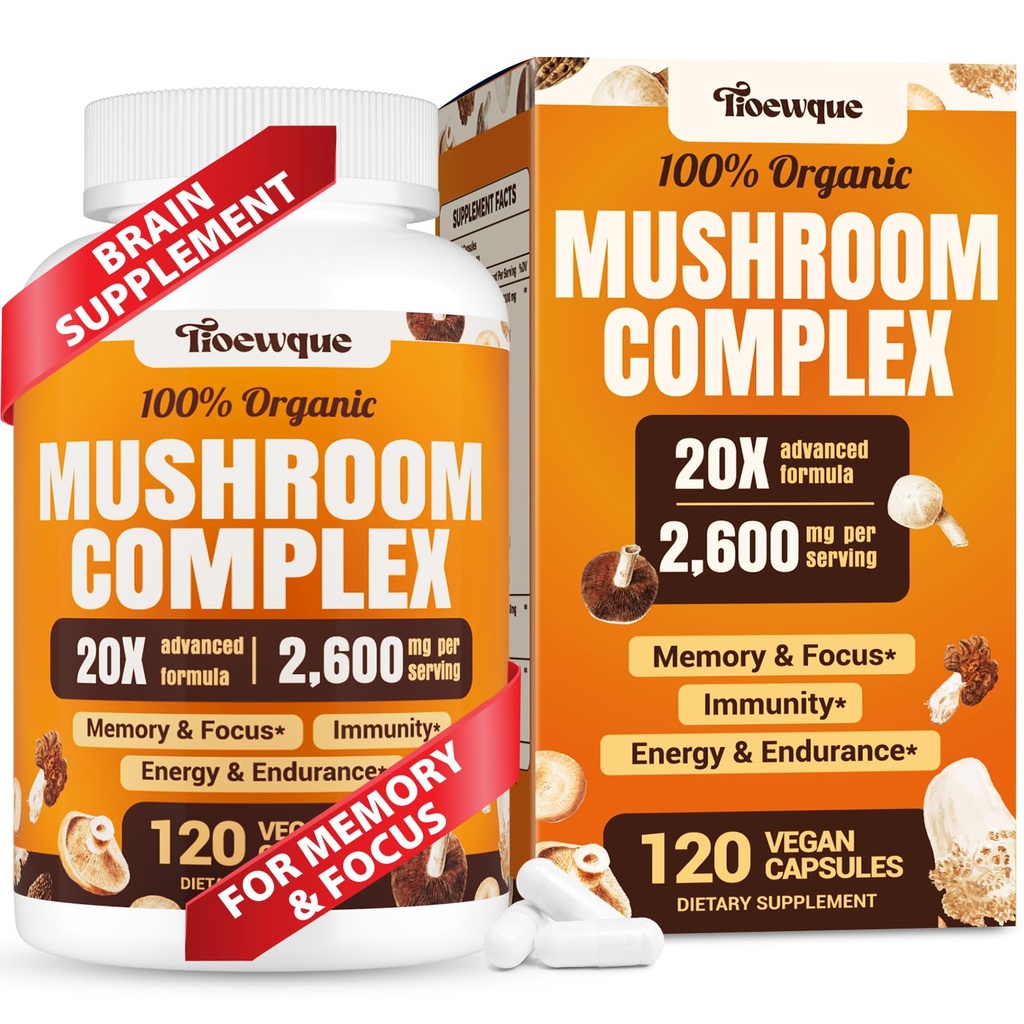 Brain Supplements for Memory and Focus, Mushroom Supplement, 20 in 1 Mushroom Complex with Lions Mane, Reishi, Turkey Tail, Cordyceps, Shiitake, for Focus, Brian, Memory Supplement, 120 Capsules