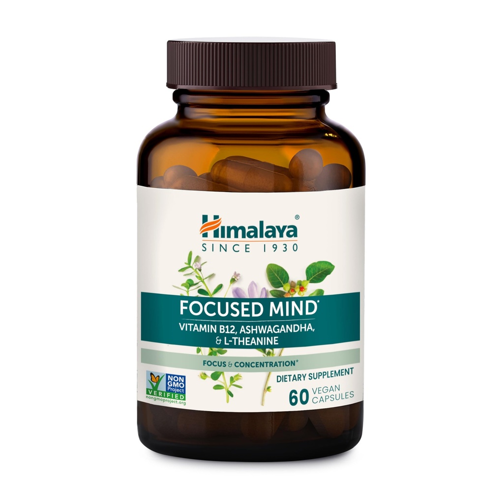 Himalaya Focused Mind Supplement, with Ashwagandha, Bacopa & L-Theanine for Attention, Focus and Energy Support, 60 Vegan Capsules, Gluten Free, 1 Month Supply