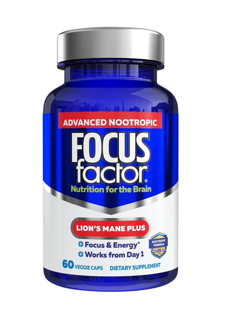 Focus Factor Lions Mane Plus, Advanced Nootropic with L-Theanine, Caffeine, Focus and Energy (60 Count)