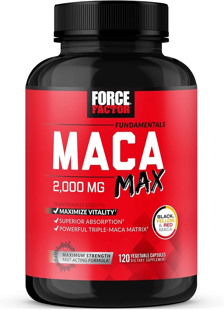 Factor de fuerza Maca Max, Maca Root Capsules to Maximize Vitality & Performance, Made with Black Maca, Red Maca, & Yellow Maca Powder, Maca Root Powder, 2000mg, 120 cápsulas
