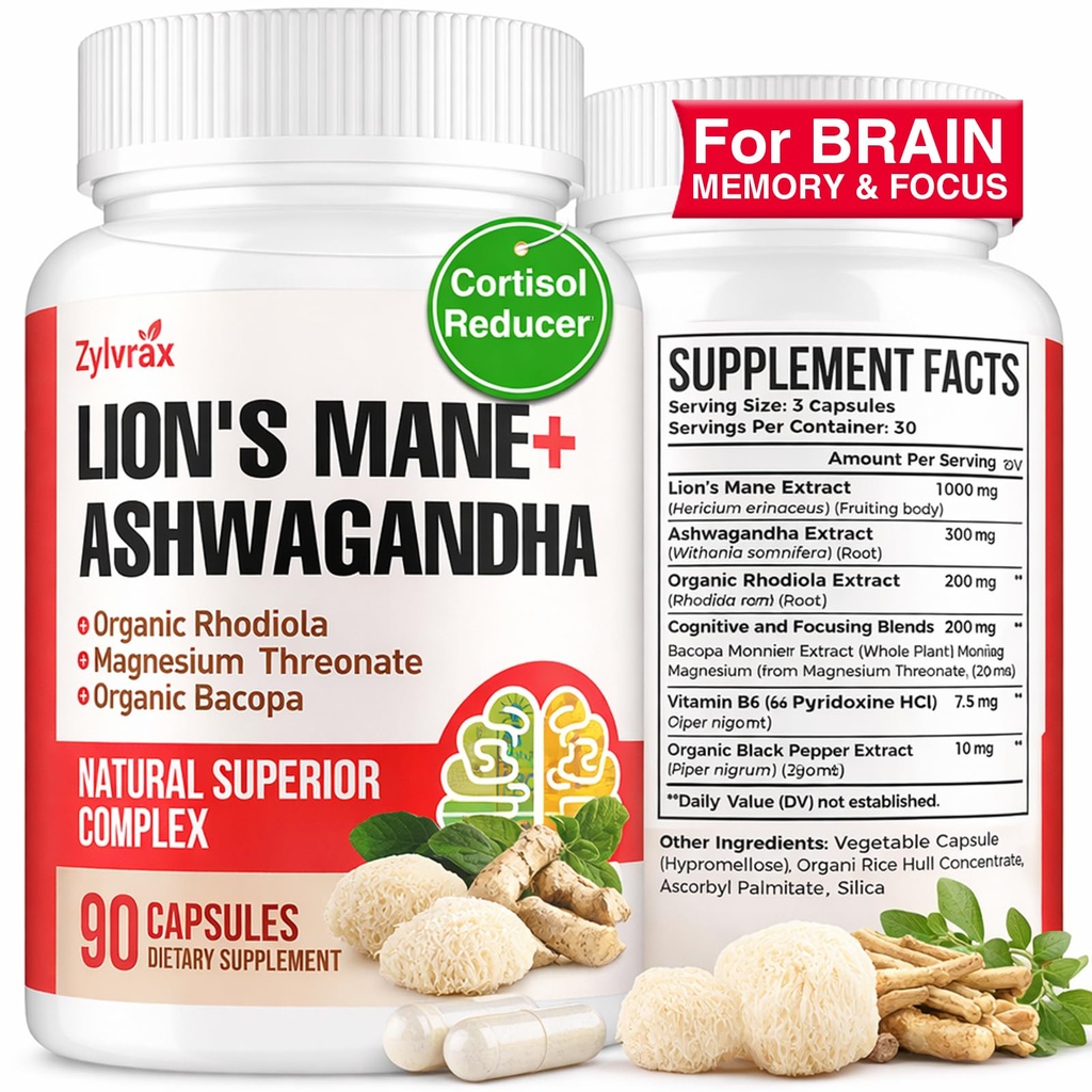 Ashwagandha & Lions Mane Supplements Capsules, Brain Supplements for Memory and Focus, Ashwagandha with Rhodiola Rosea for Cognitive, Immune Support, Cortisol Supplements for Women, 90 Capsules