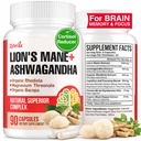 Ashwagandha & Lions Mane Supplements Capsules, Brain Supplements for Memory and Focus, Ashwagandha with Rhodiola Rosea for Cognitive, Immune Support, Cortisol Supplements for Women, 90 Capsules
