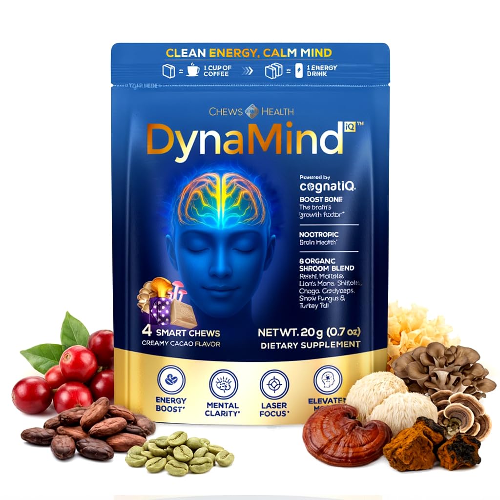 DynaMind iQ Brain Supplement for Memory and Focus for Adults - Nootropic Chews | Coffee Fruit & Mushroom Supplement Blend, Memory Focus Supplement, Caffeine Focus Pills Alternative, 4 Count