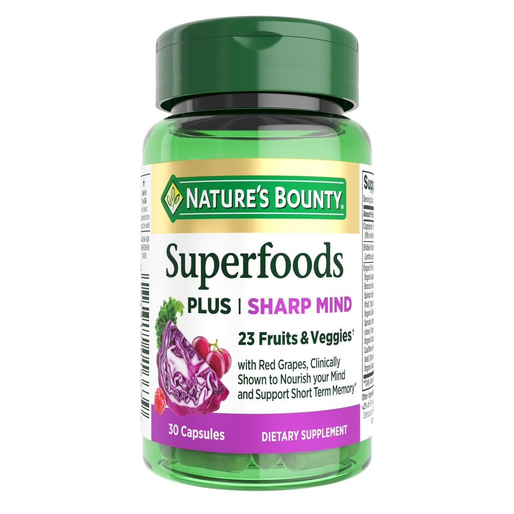 Nature’s Bounty Superfoods Plus Sharp Mind for Brain Health, Memory; Focus, Superfoods With 23 Fruits & Veggies plus Red Grapes - Cognitive Supplement, 30 Capsules