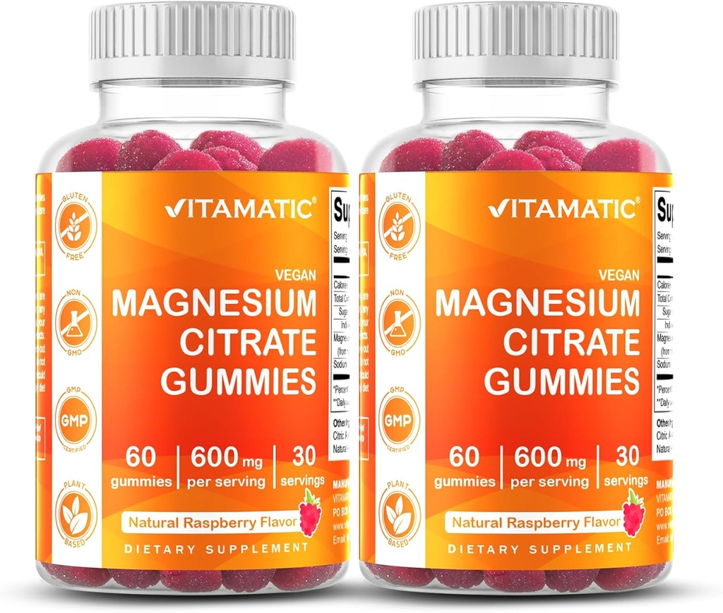 Vitamatic Magnesium Citrate Gummies 600mg por Serving - 60 Cuenta - Promueve Relajación Saludable, Muscle, Bone, & Energy Support (Pack of 2)