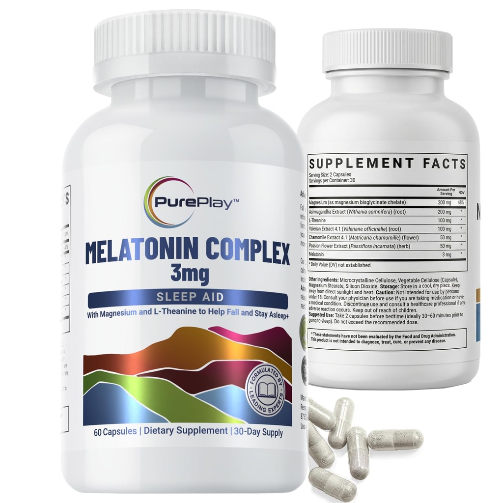 PurePlay Sleep Aids for Adults, Melatonin 3mg Complex with Magnesium and Ashwagandha, Non-Habit Forming Sleep Supplement, 60 Capsules, 30-Days Supply