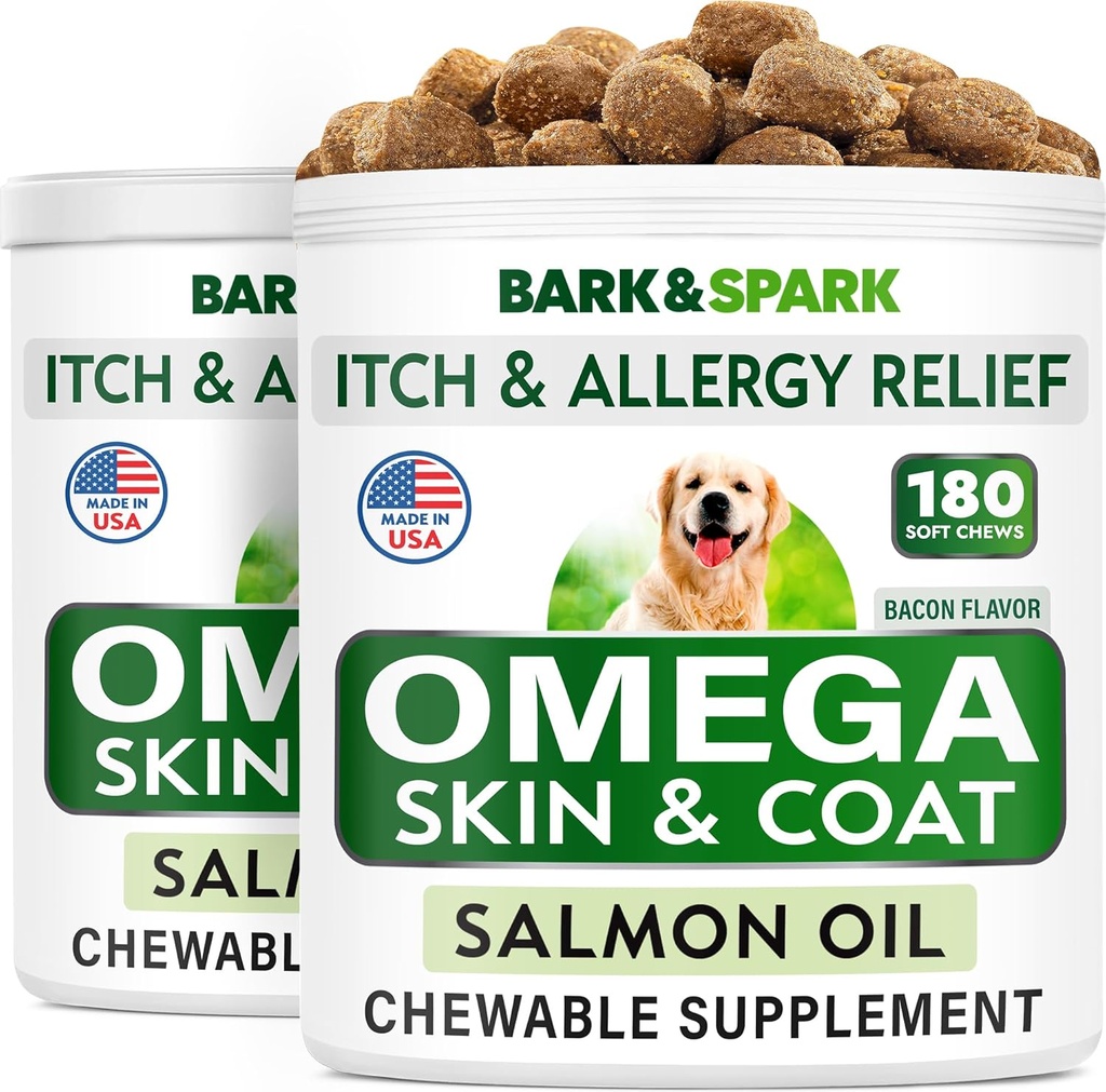 BARK Pulse Omega 3 for Dogs - 360 Fish Oil Treats for Dog Shedding, Skin Allergy, Itch Relief, Hot Spots Treatment - Joint Health - Skin and Coat Supplement - EPA & DHA Fatty Acids - Salmon Oil -Bacon