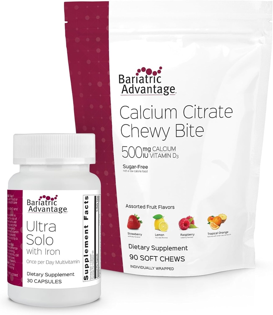 Bariatric Advantage Ultra Solo with Iron - 30 Capsules and Calcium Citrate Chewy Bites 500 mg - Assorted Fruit Flavor, 90 Count