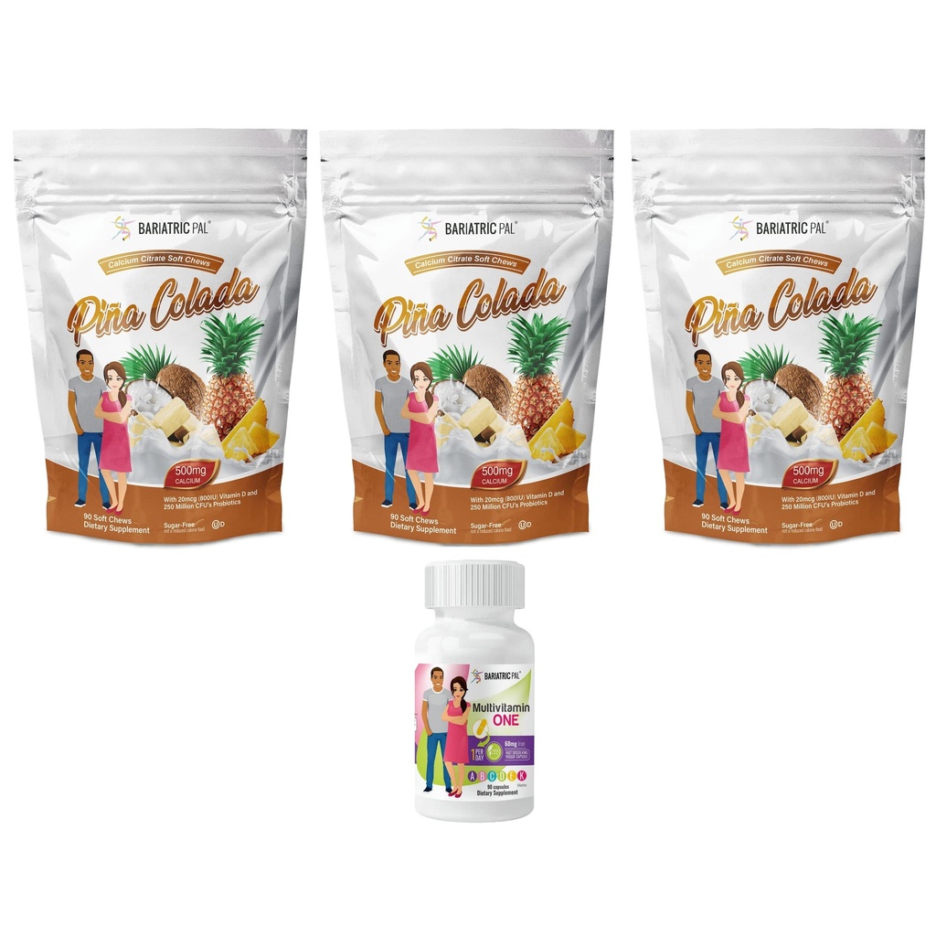 BariatricPal 90-Day Bariatric Vitamin Bundle (Multivitamin ONE 1 per Day! Capsule with 60mg Iron and Calcium Citrate Soft Chews 500mg with Probiotics - Piña Colada)