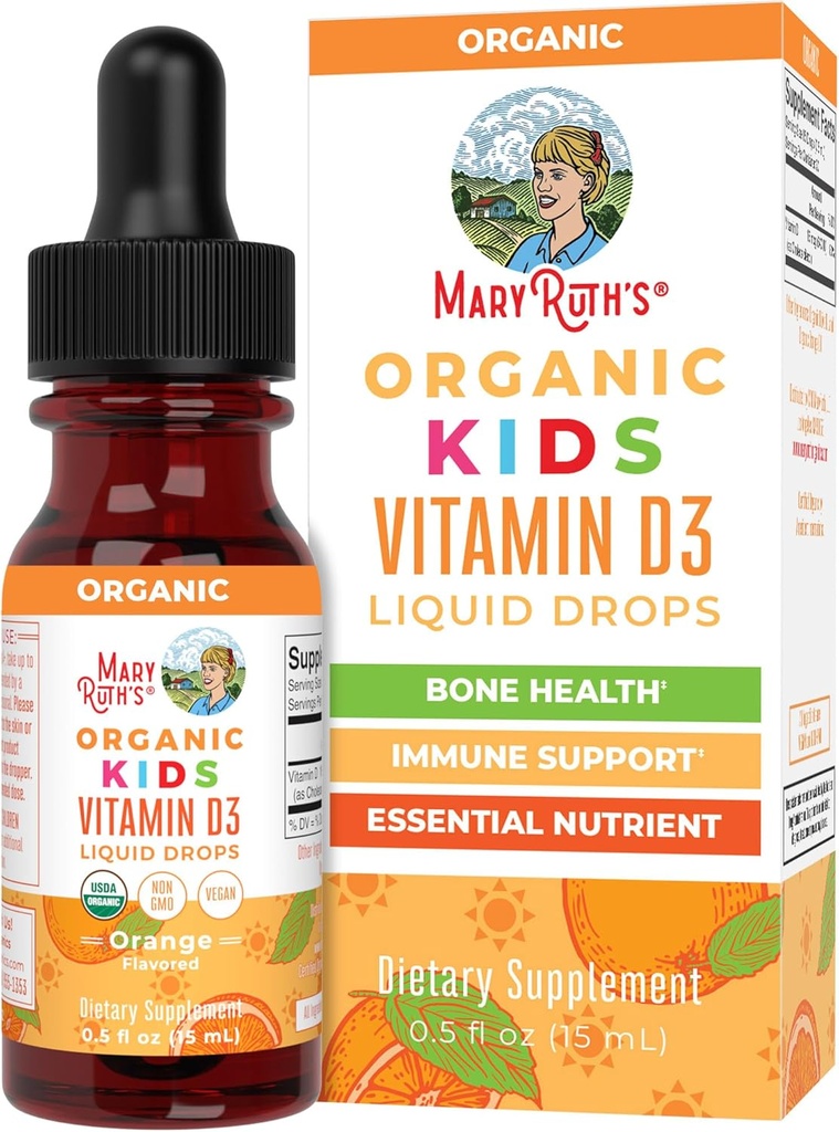 MaryRuth Organics USDA Vitamina Orgánica D3 Liquid Drops for Kids TEN 640 UI Vitamina D3 Por Serving TENIDO Kids Immune Support & Bone Health Supplement TEN Formulated for Ages 4-13 TEN 0.5oz ANTE 30 Servings