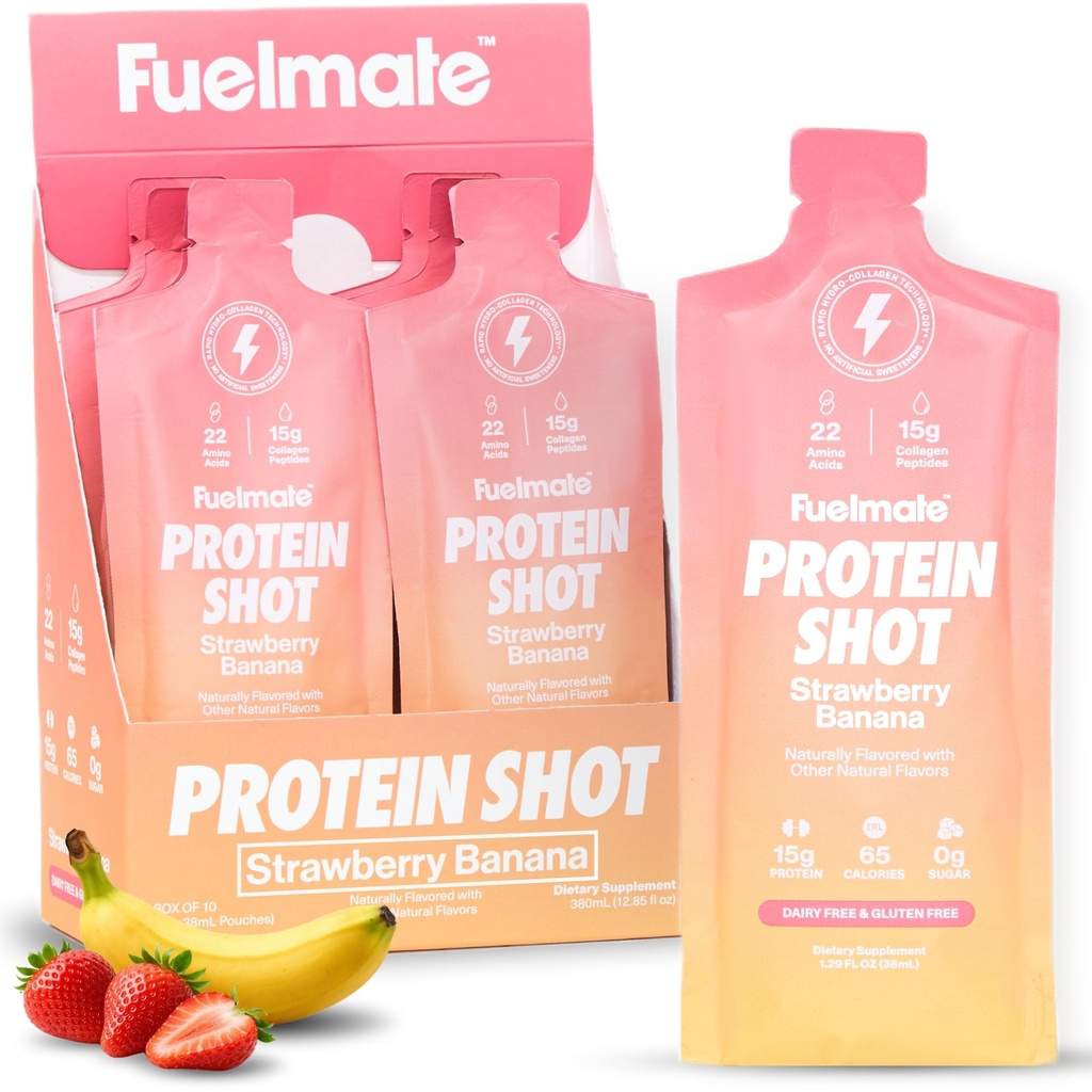 Strawberry Banana Liquid Collagen Easy Protein Shots - 15g Protein + 22 Amino Acids - Hydrolyzed Bovine Collagen Peptides for Skin, Hair & Joints - 10 x 1.29oz - Sugar, Dairy & Gluten Free