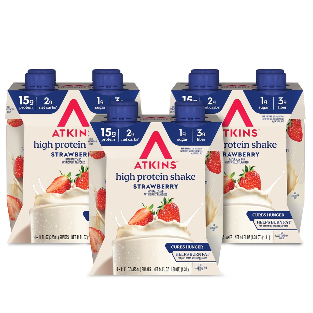 Atkins Strawberry Flavored Protein Shake, High Protein, Low Glycemic, Low Sugar and Low Carb, Keto Friendly, Gluten Free, 12 Count