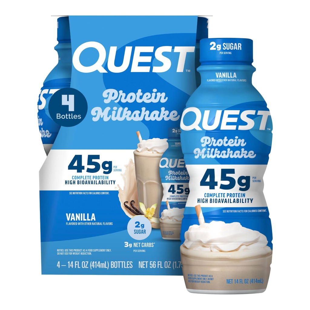 Quest Nutrition Vanilla Protein Shake, 45g Protein, 2g Sugar, 3g Net Carbs, Ready to Drink, Gluten Free, 4 Count