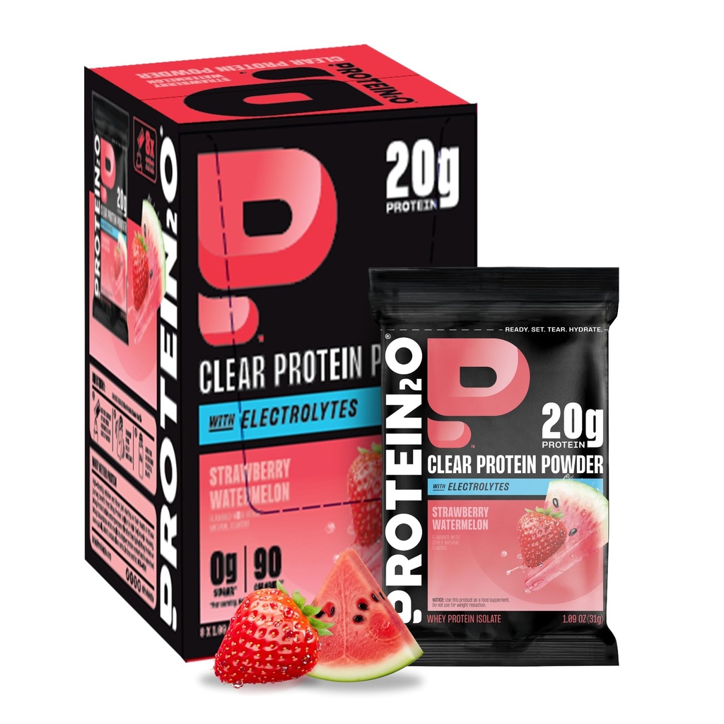 Protein2o 20g Whey Protein Isolate Clear Protein Powder, 360mg of Electrolytes, Vitamins B5 & B6, Sugar Free, Strawberry Watermelon, 8-Pack