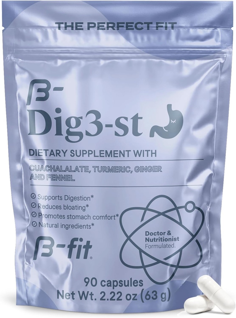 B-FIT Suplemento Herbal Digestivo - Ginger Root, Turmeric, Fennel y Cuachalalate - 60 cápsulas - 100% Natural Formula for Easy Digestion & Stomach Comfort - Use Before Meals